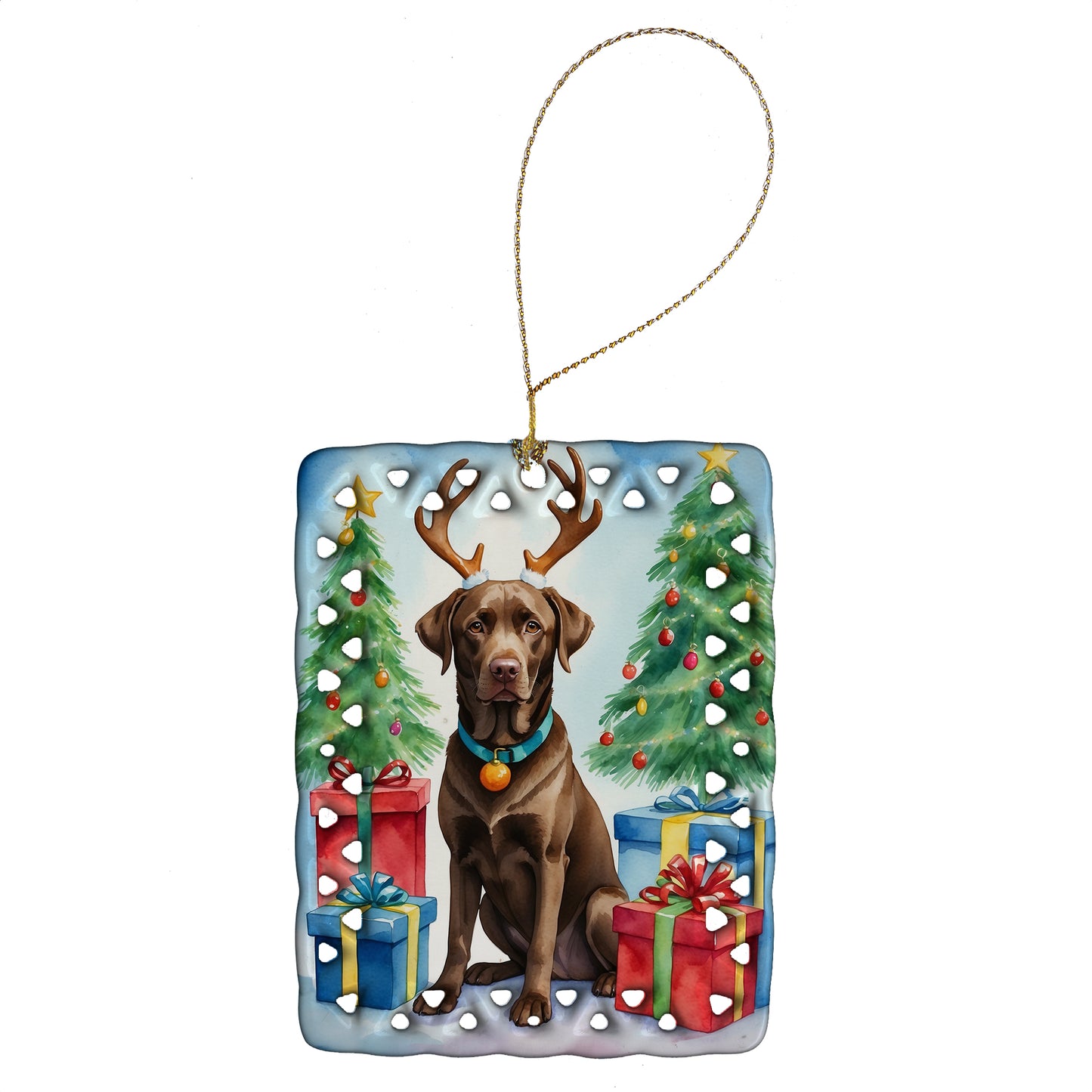 Buy this Chocolate Labrador Retriever Christmas Reindeer Porcelain Ornament