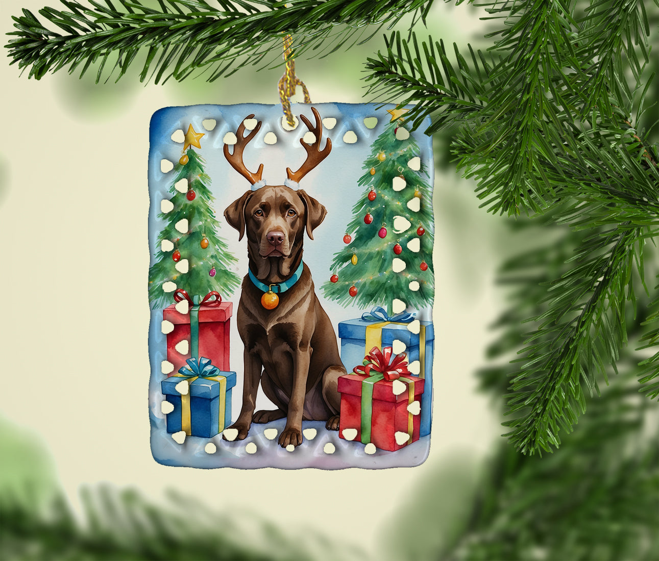 Chocolate Labrador Retriever Christmas Reindeer Porcelain Ornament