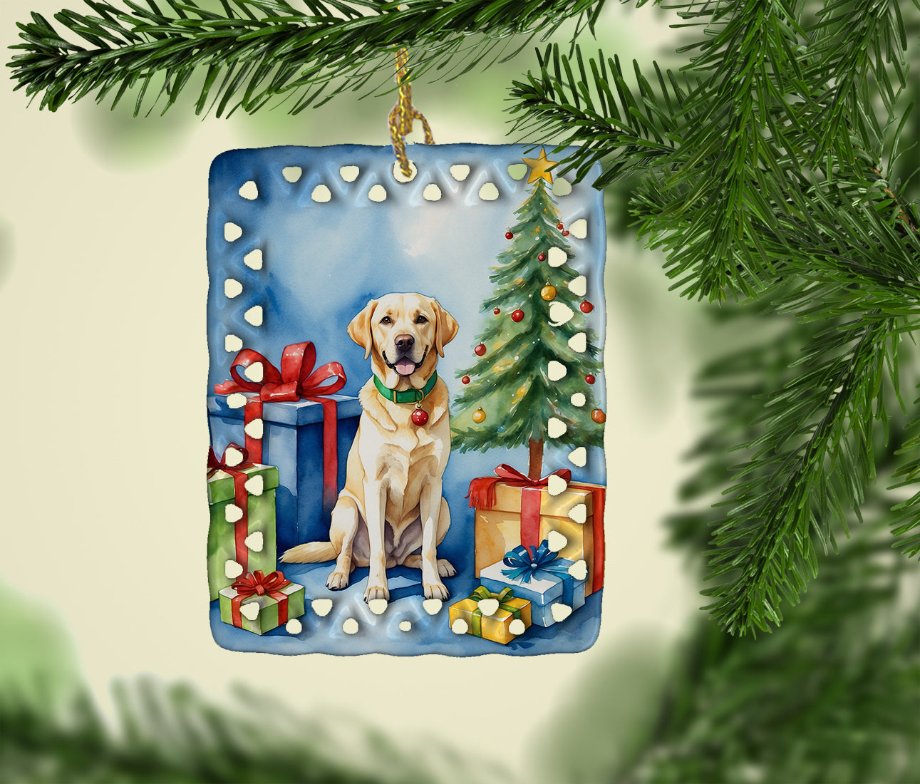 Yellow Labrador Retriever Christmas Reindeer Porcelain Ornament