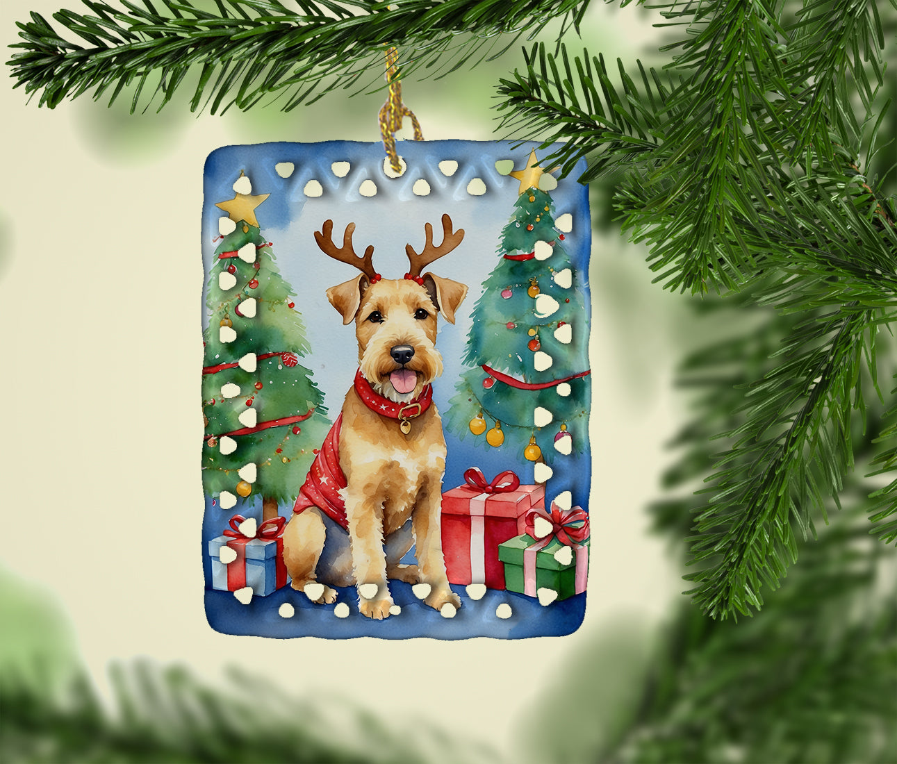 Lakeland Terrier Christmas Reindeer Porcelain Ornament