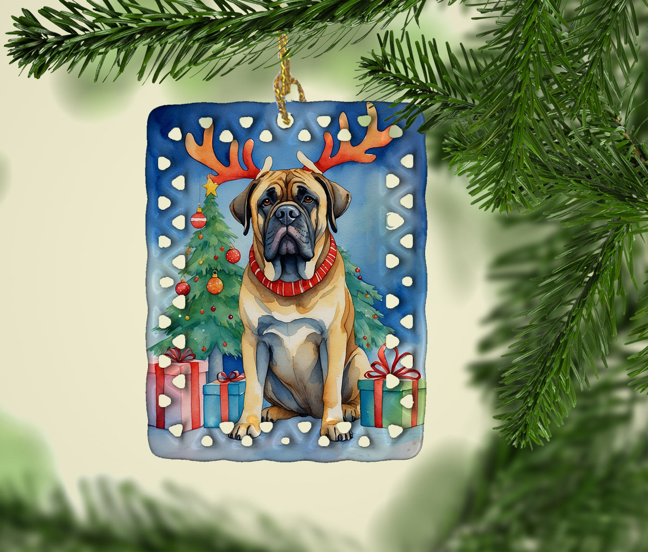 Mastiff Christmas Reindeer Porcelain Ornament