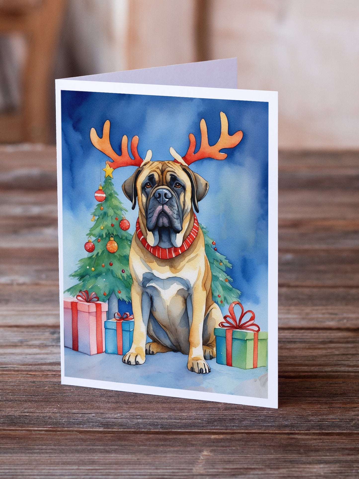 Mastiff Christmas Reindeer Greeting Cards Pack of 8