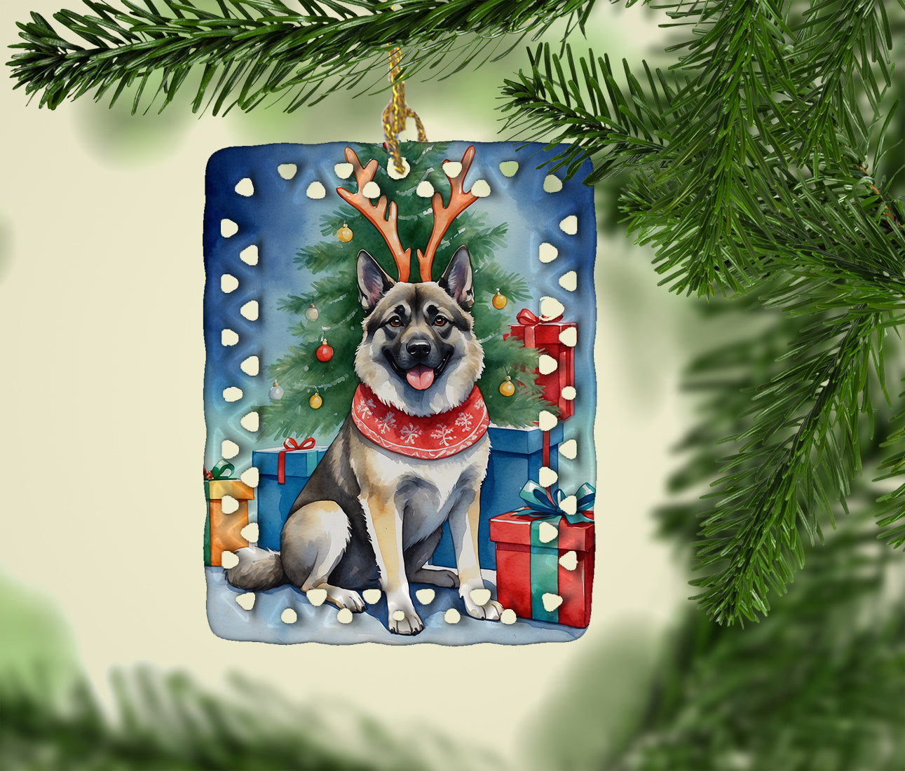 Norwegian Elkhound Christmas Reindeer Porcelain Ornament