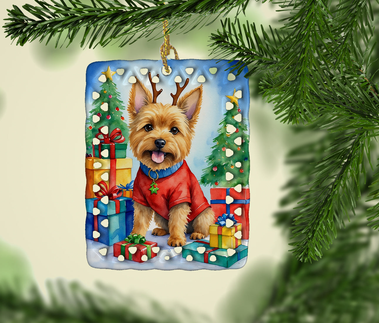 Norwich Terrier Christmas Reindeer Porcelain Ornament