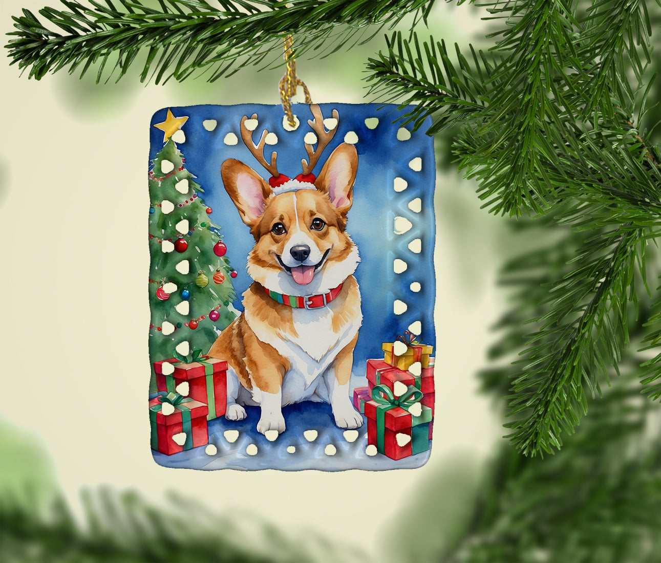 Corgi Christmas Reindeer Porcelain Ornament