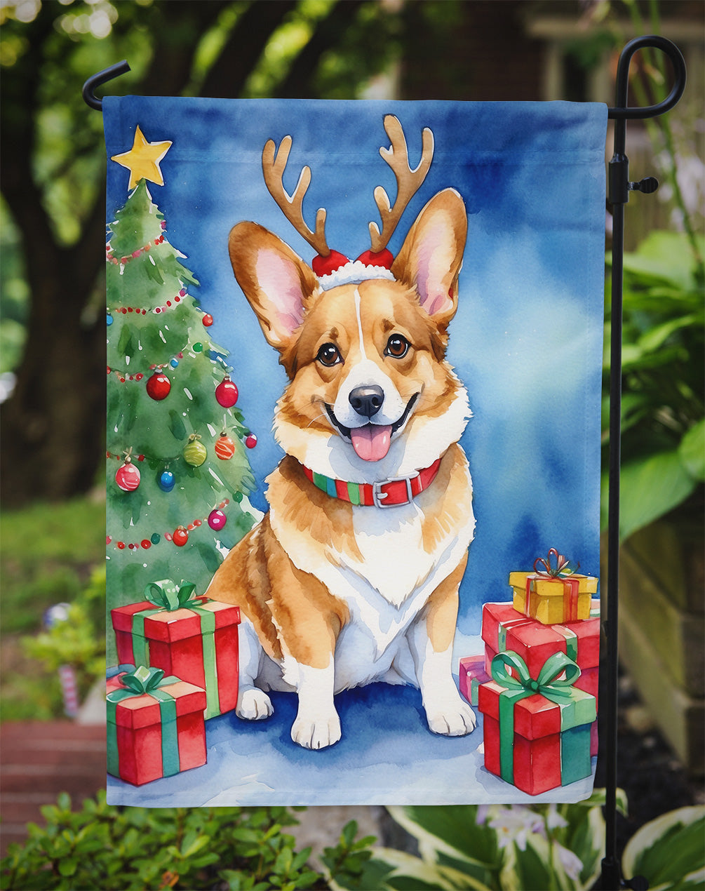 Corgi Christmas Reindeer Garden Flag