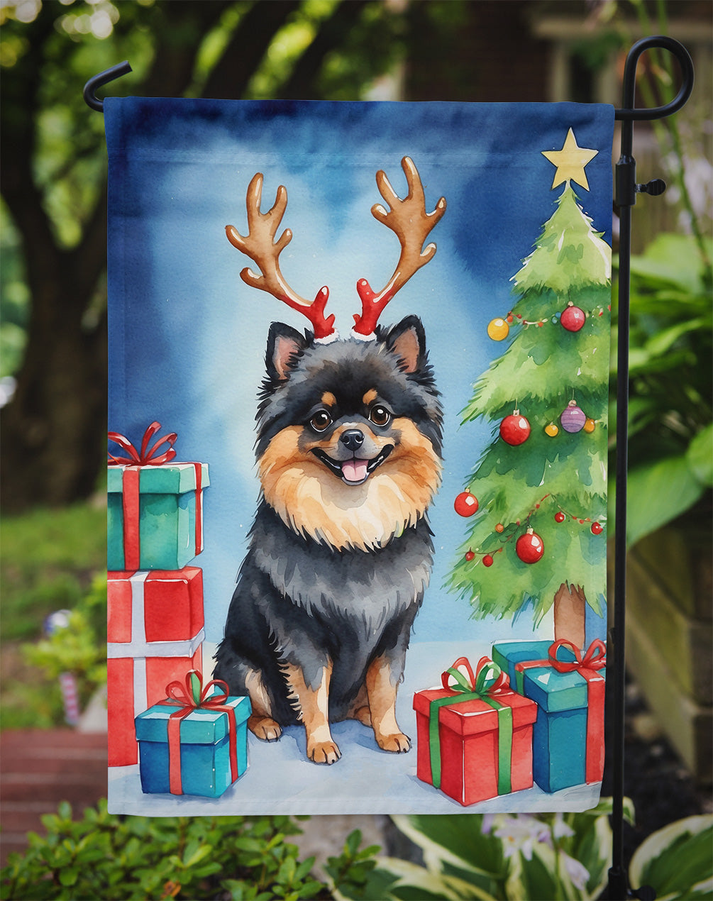 Pomeranian Christmas Reindeer Garden Flag