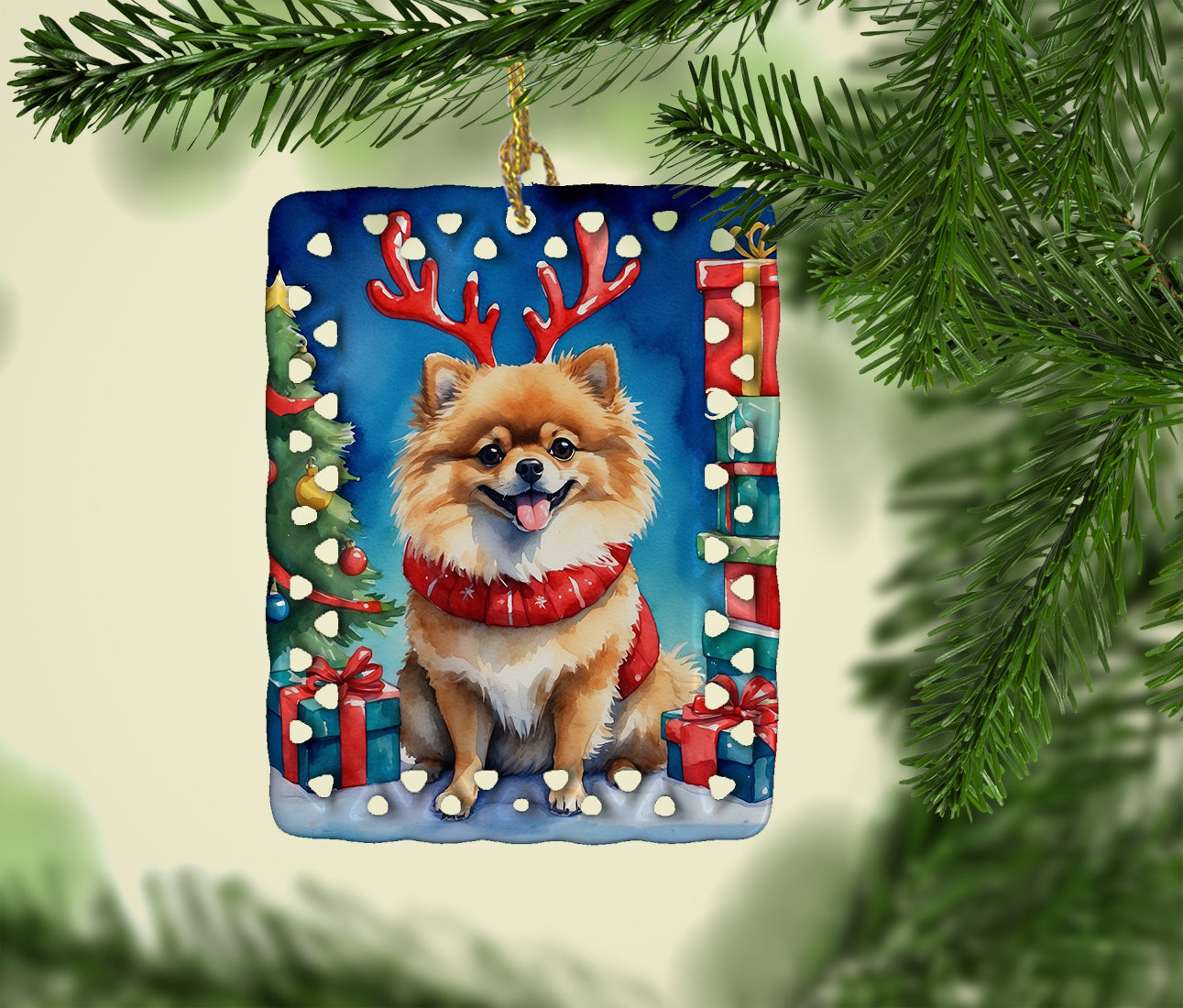 Pomeranian Christmas Reindeer Porcelain Ornament