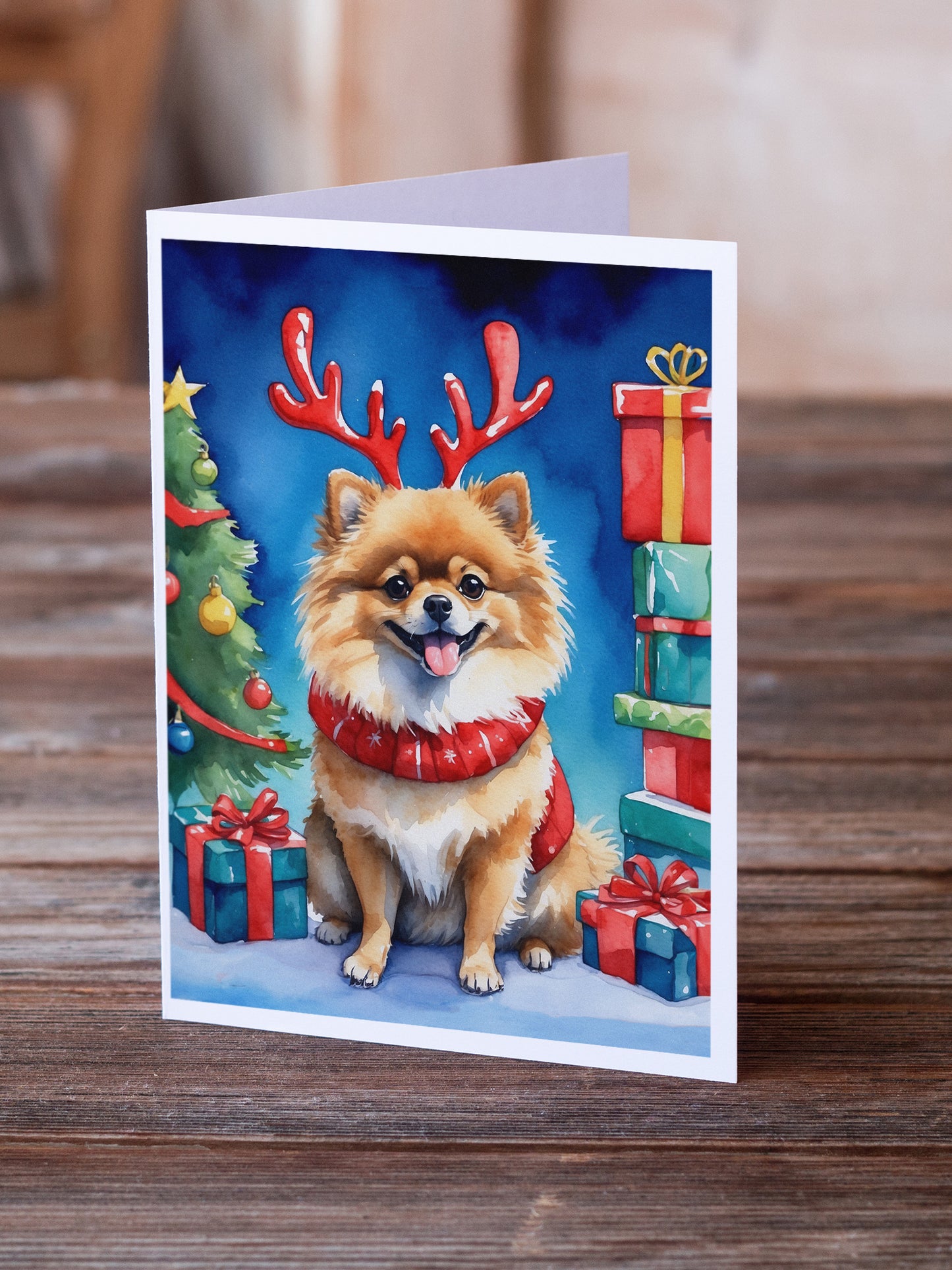 Pomeranian Christmas Reindeer Greeting Cards Pack of 8