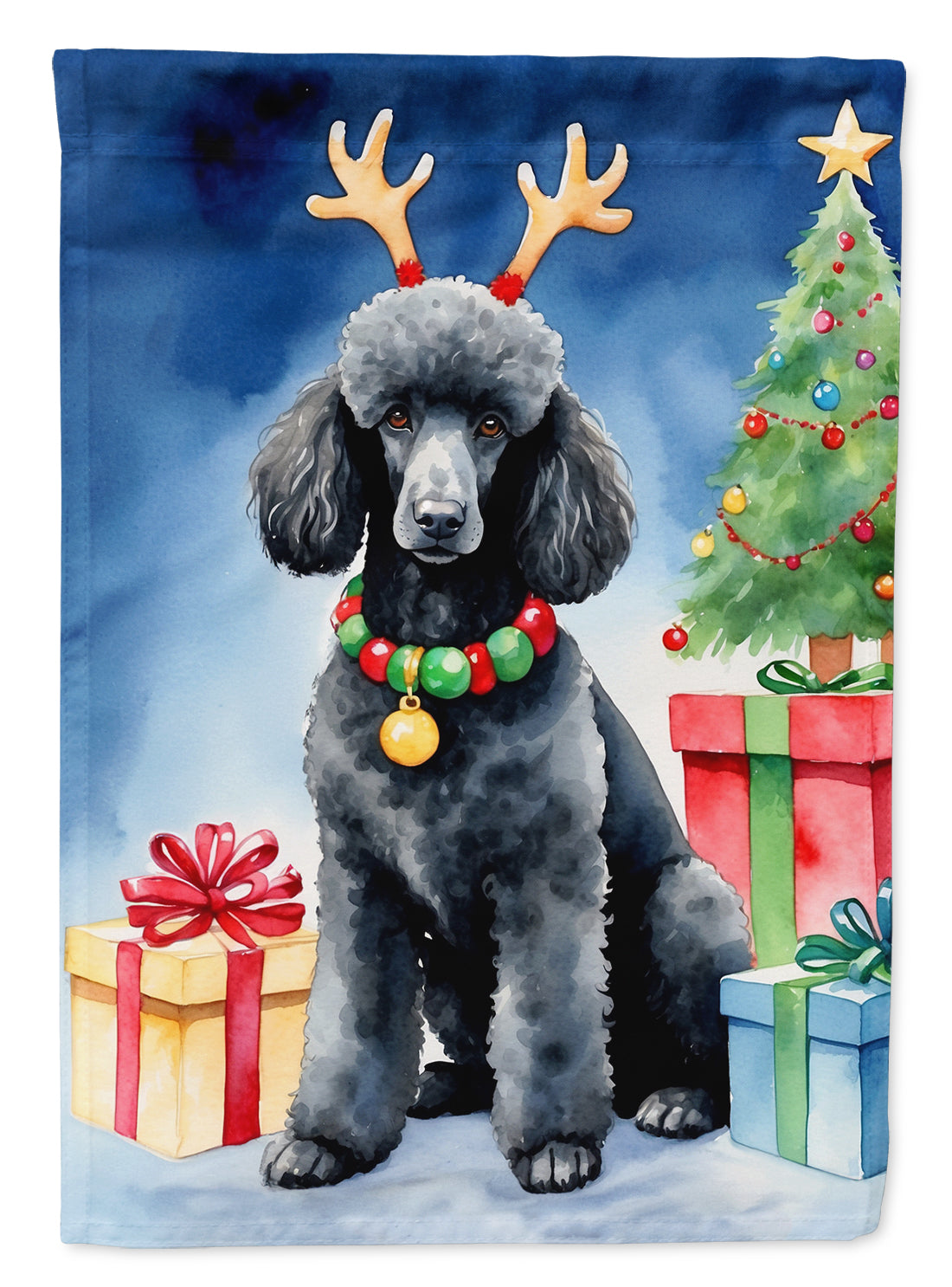 Buy this Black Standard Poodle Christmas Reindeer House Flag