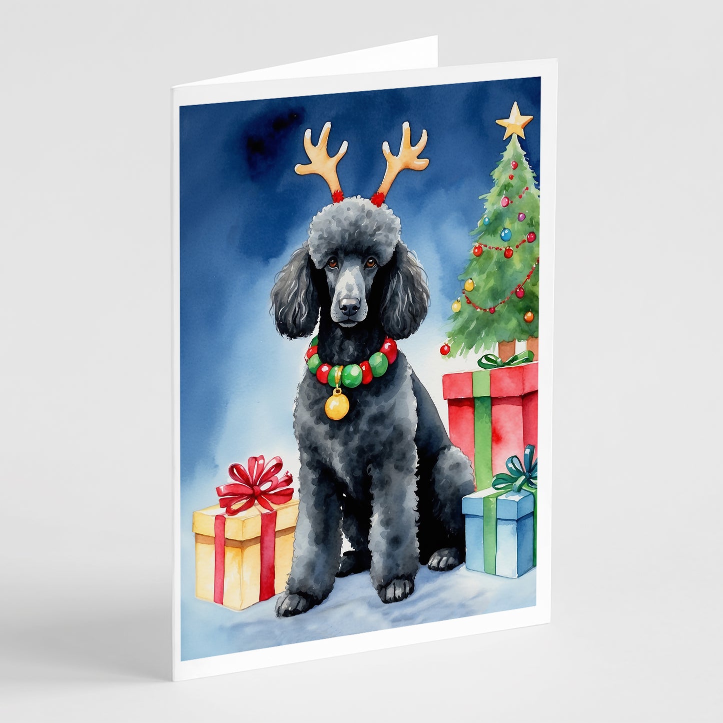 Buy this Black Standard Poodle Christmas Reindeer Greeting Cards Pack of 8