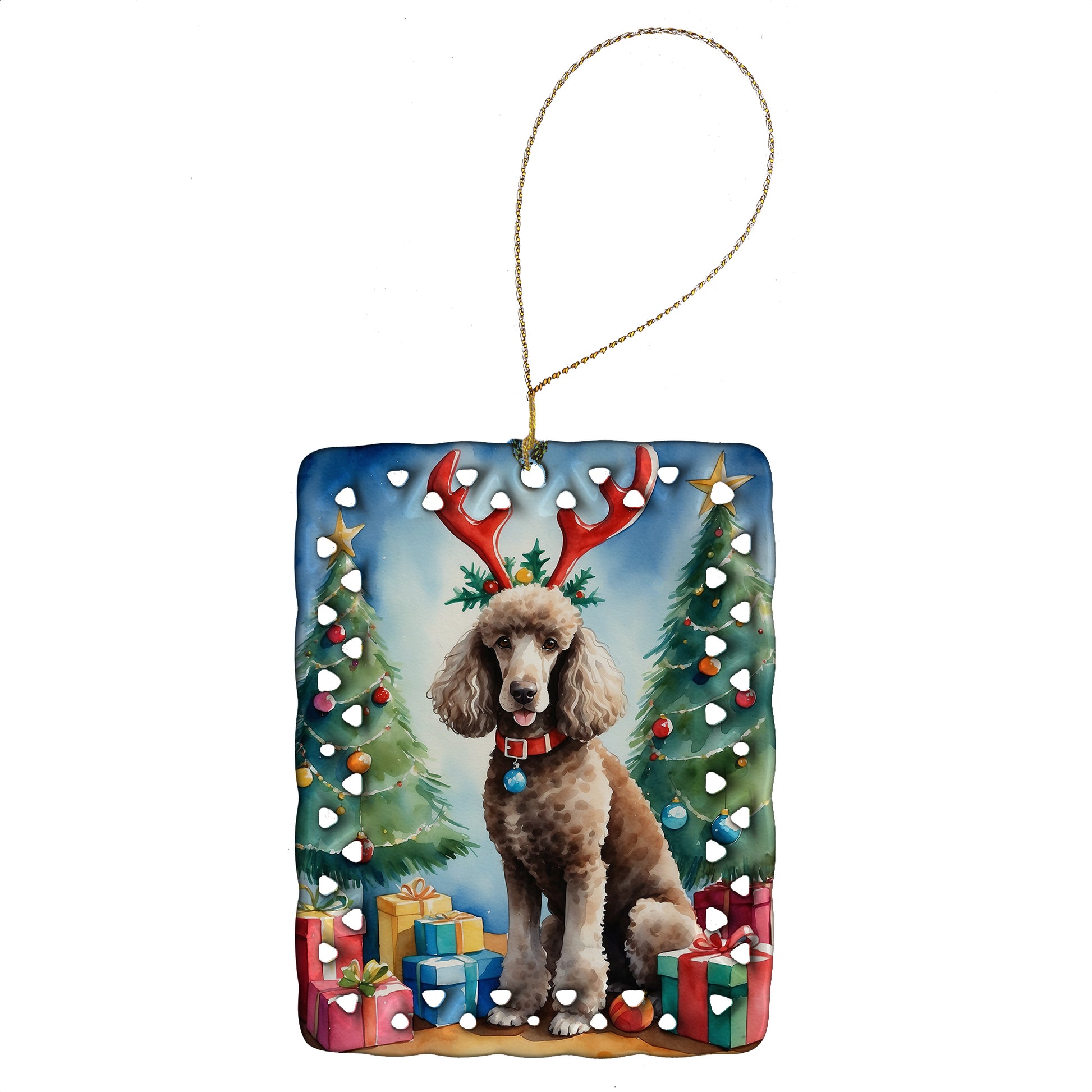 Buy this Chocolate Standard Poodle Christmas Reindeer Porcelain Ornament