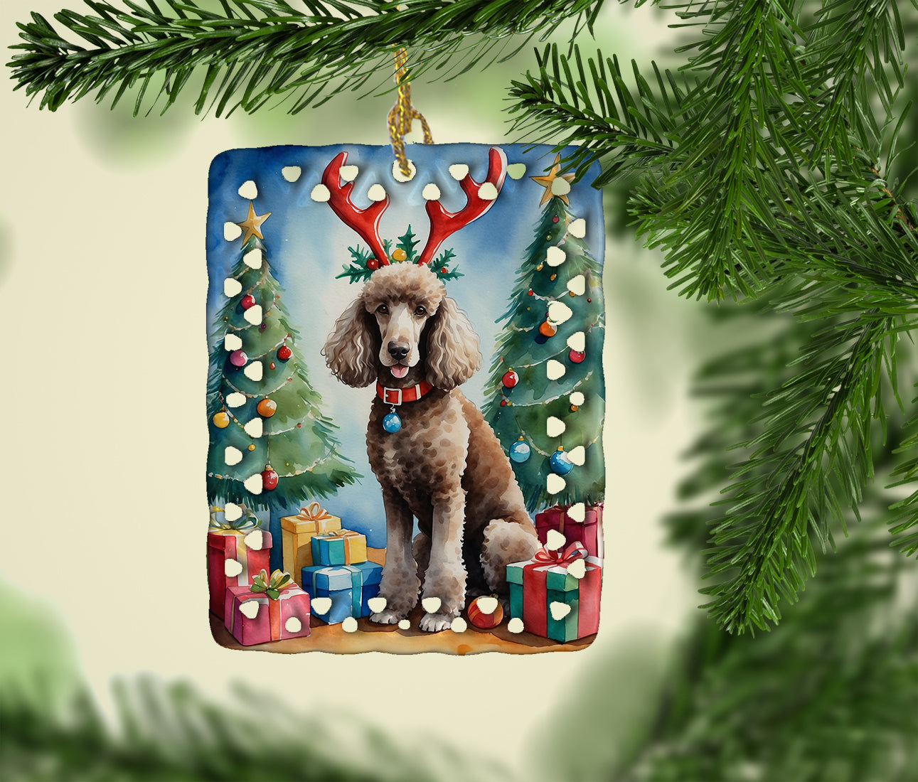 Chocolate Standard Poodle Christmas Reindeer Porcelain Ornament