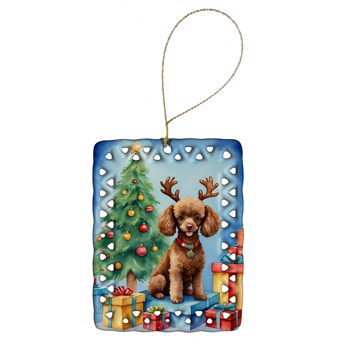 Buy this Chocolate Toy Poodle Christmas Reindeer Porcelain Ornament