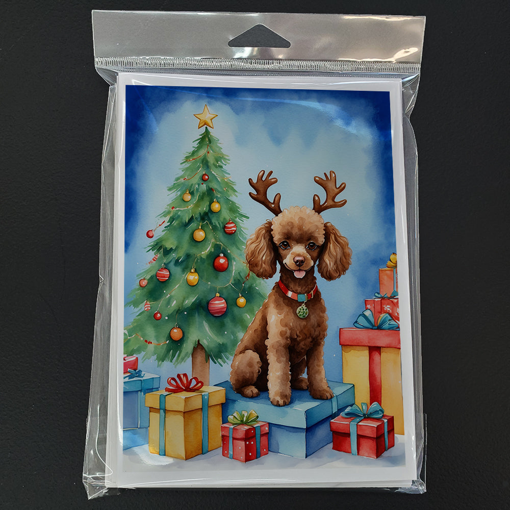 Chocolate Toy Poodle Christmas Reindeer Greeting Cards Pack of 8