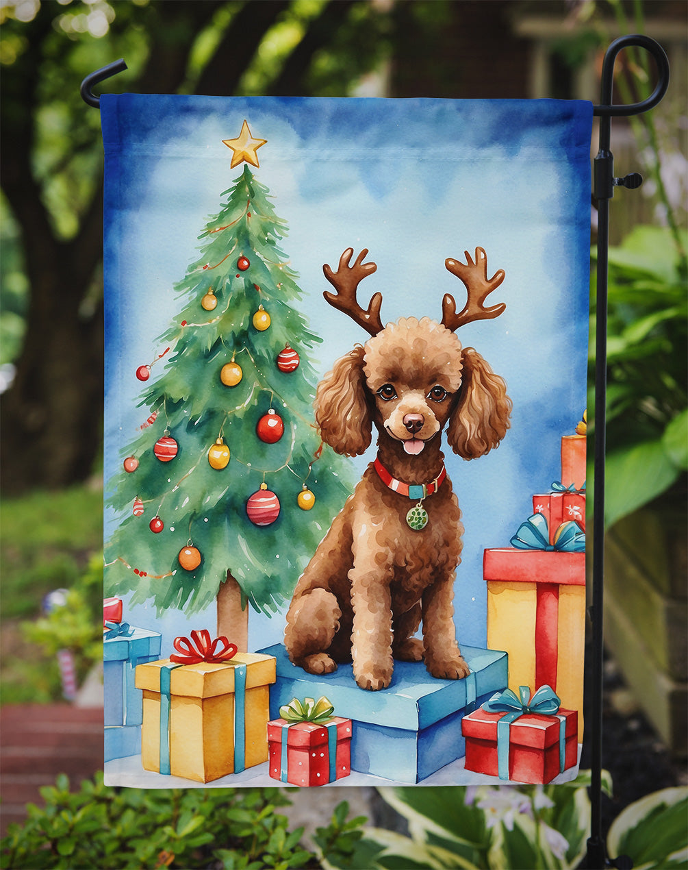 Chocolate Toy Poodle Christmas Reindeer Garden Flag