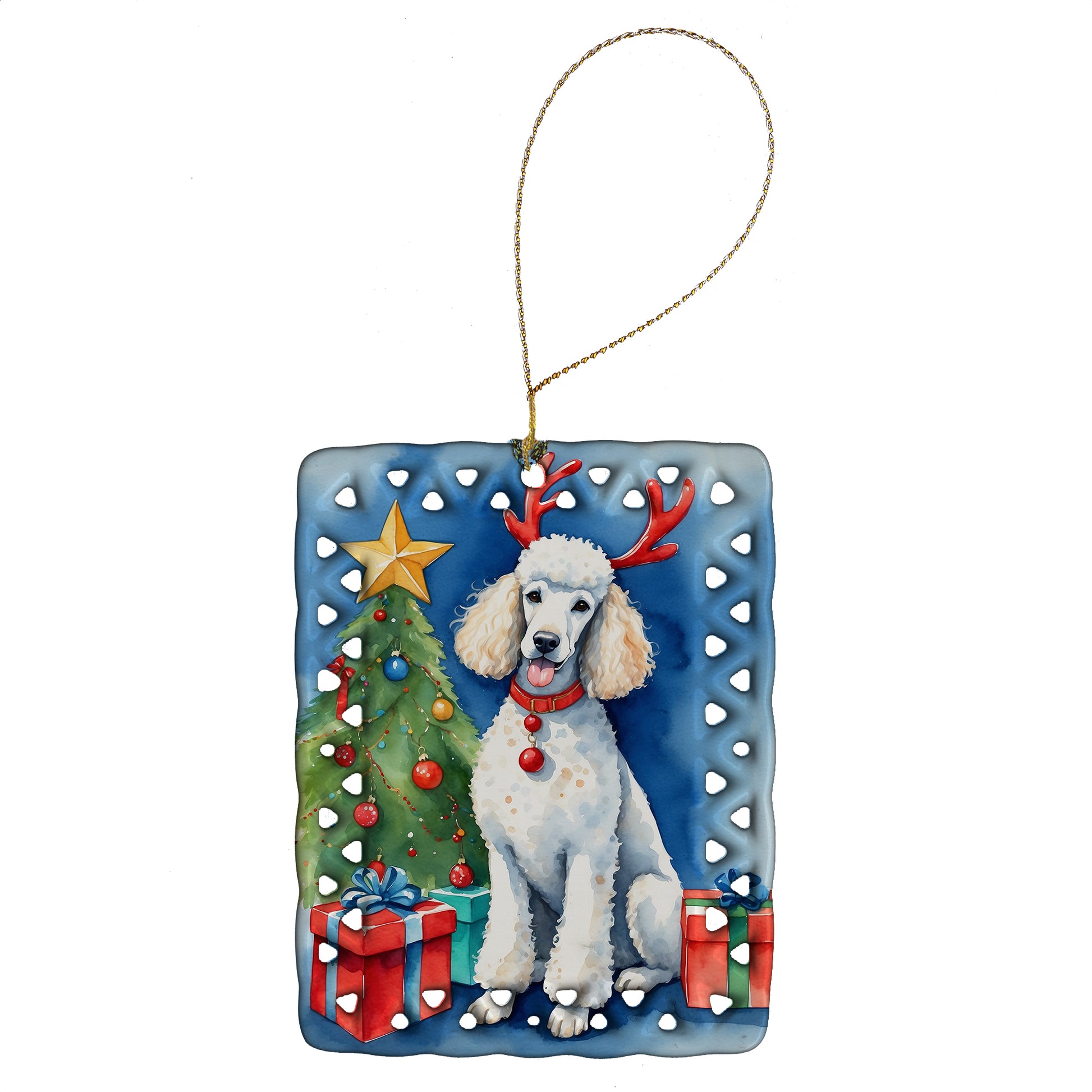 Buy this White Standard Poodle Christmas Reindeer Porcelain Ornament