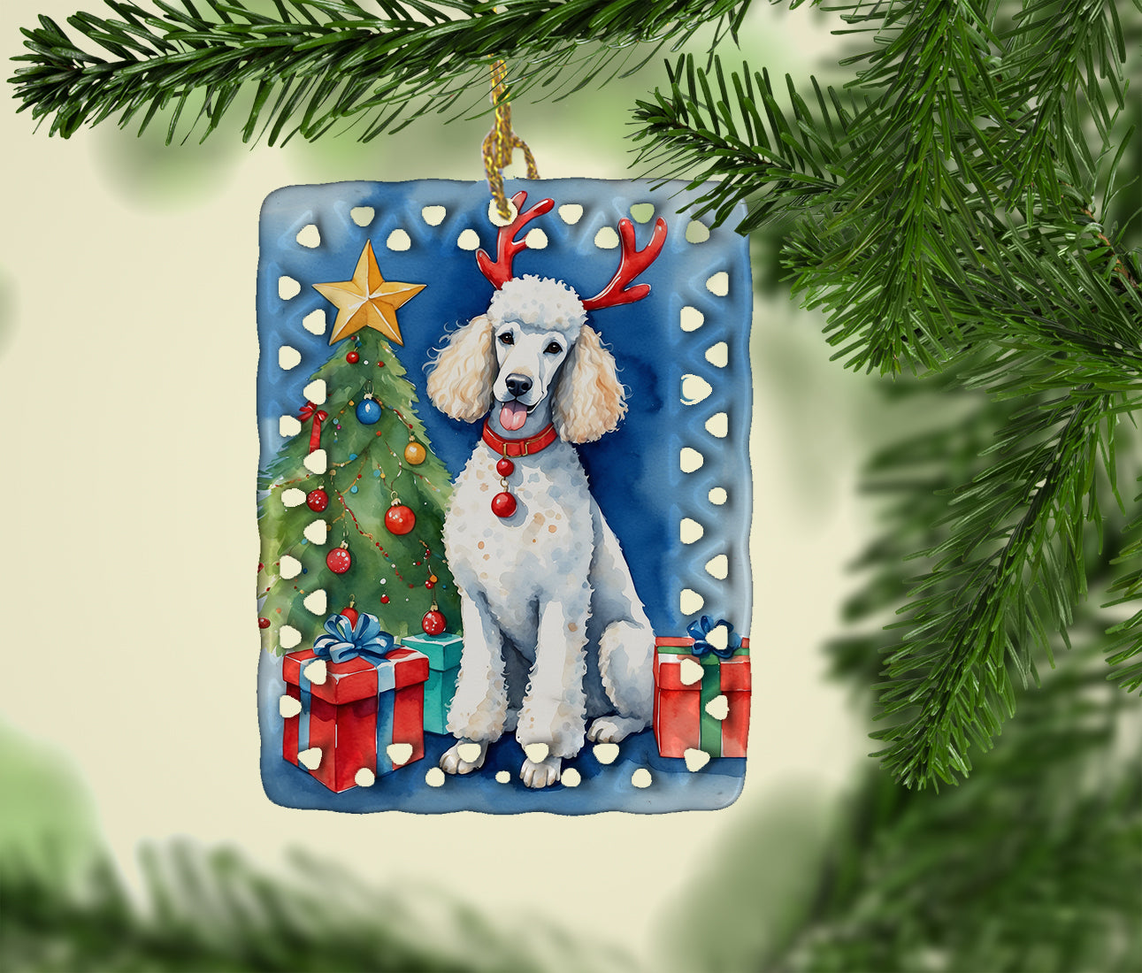 White Standard Poodle Christmas Reindeer Porcelain Ornament