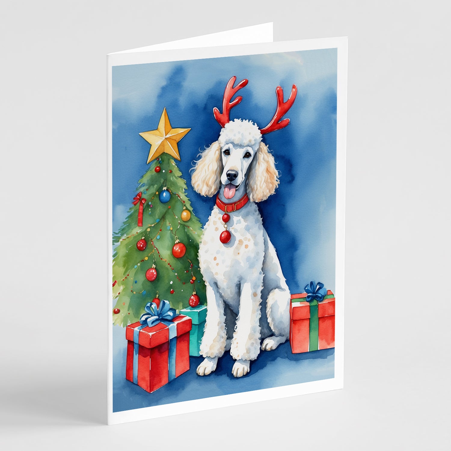 Buy this White Standard Poodle Christmas Reindeer Greeting Cards Pack of 8