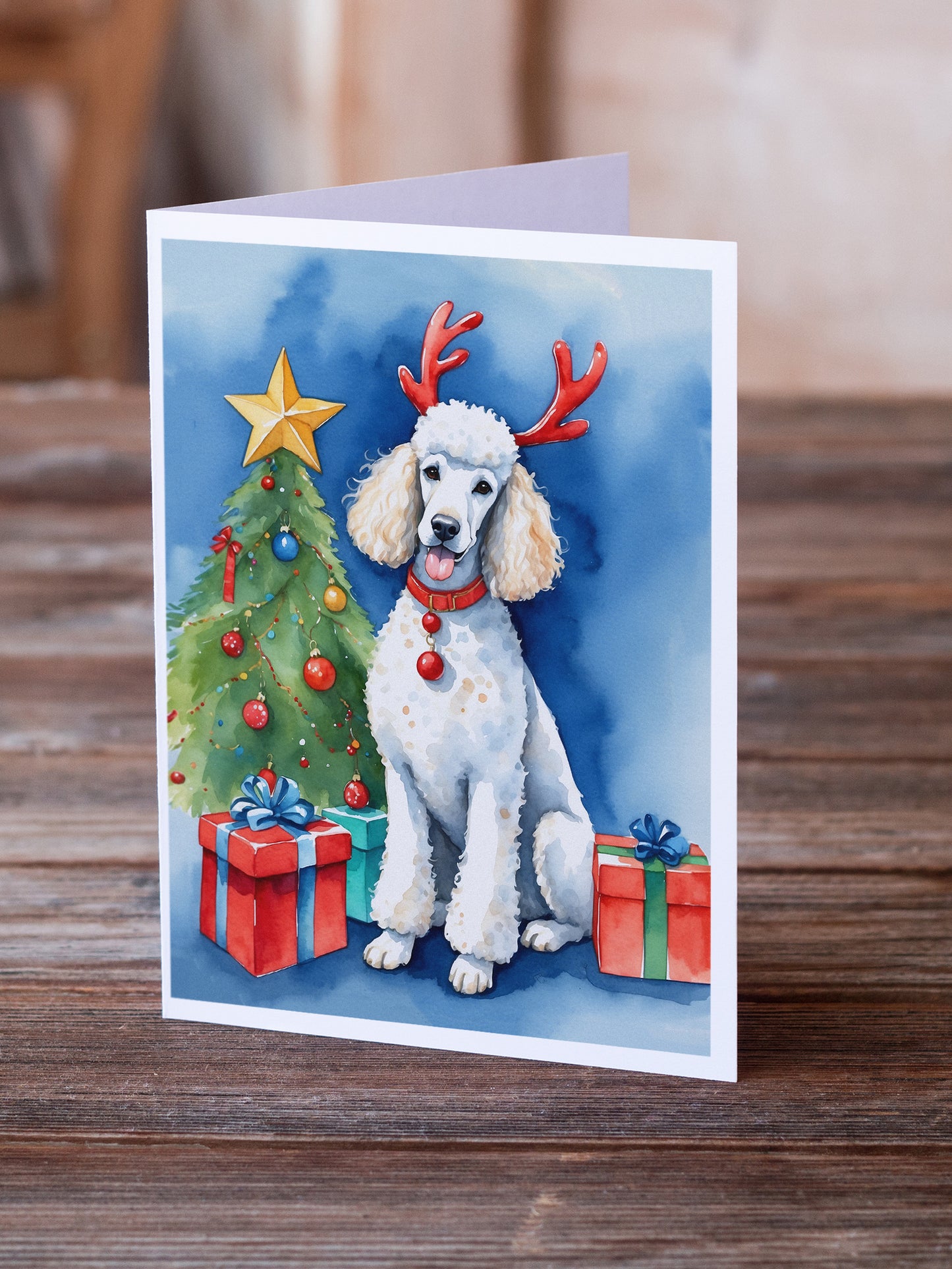 White Standard Poodle Christmas Reindeer Greeting Cards Pack of 8