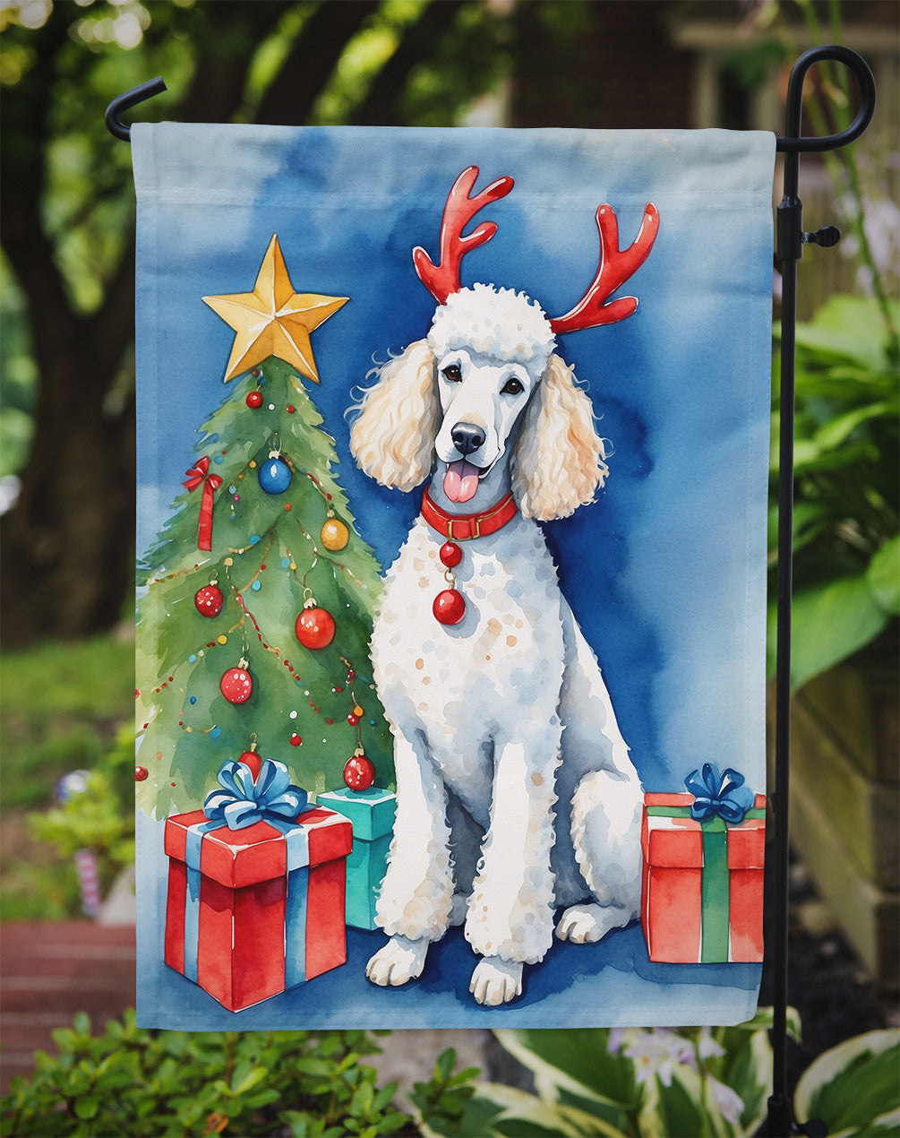 White Standard Poodle Christmas Reindeer Garden Flag