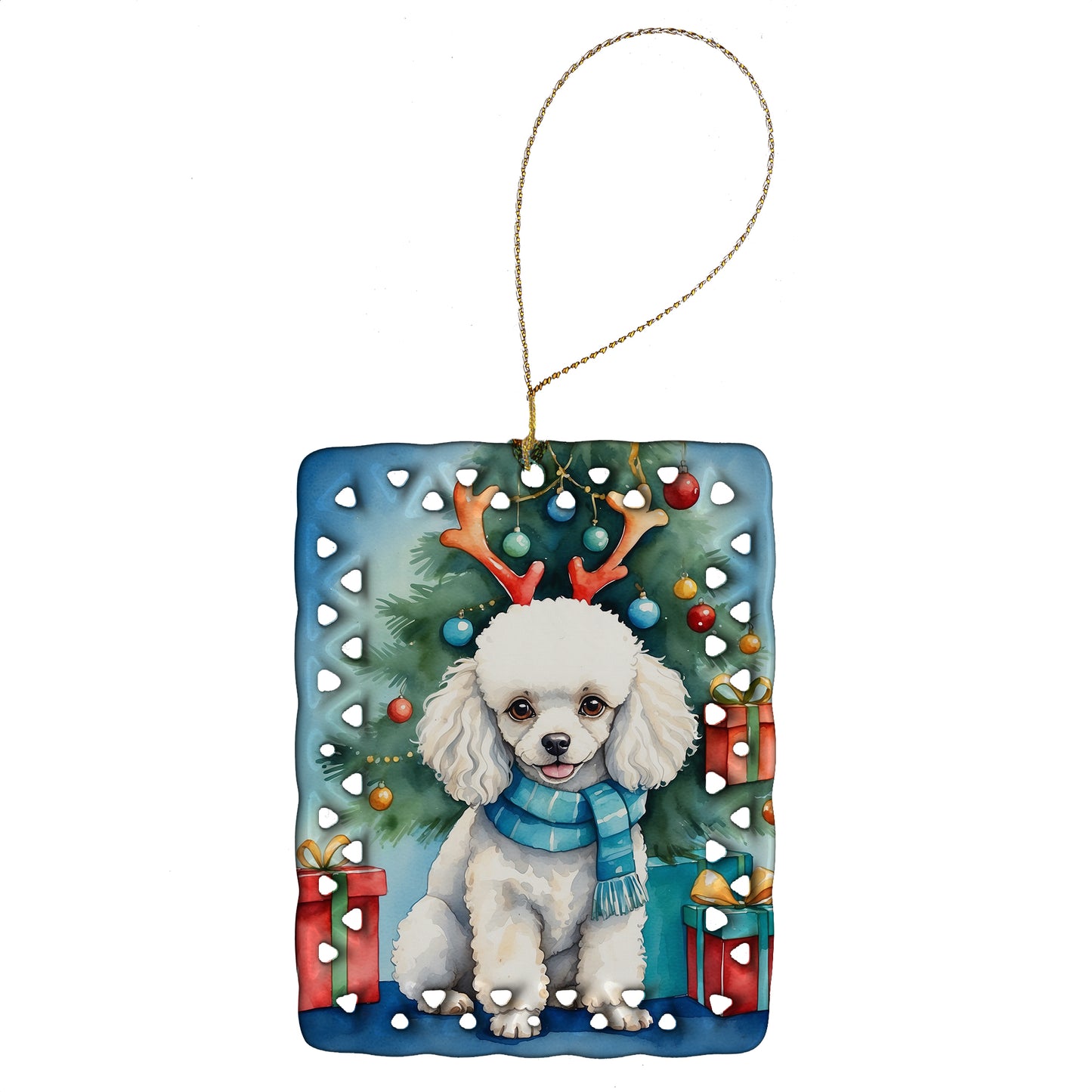 Buy this White Toy Poodle Christmas Reindeer Porcelain Ornament