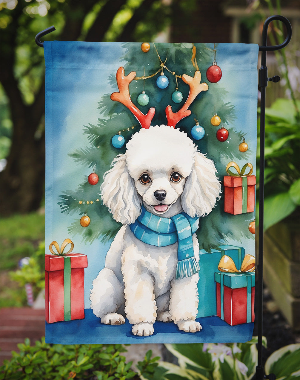 White Toy Poodle Christmas Reindeer Garden Flag