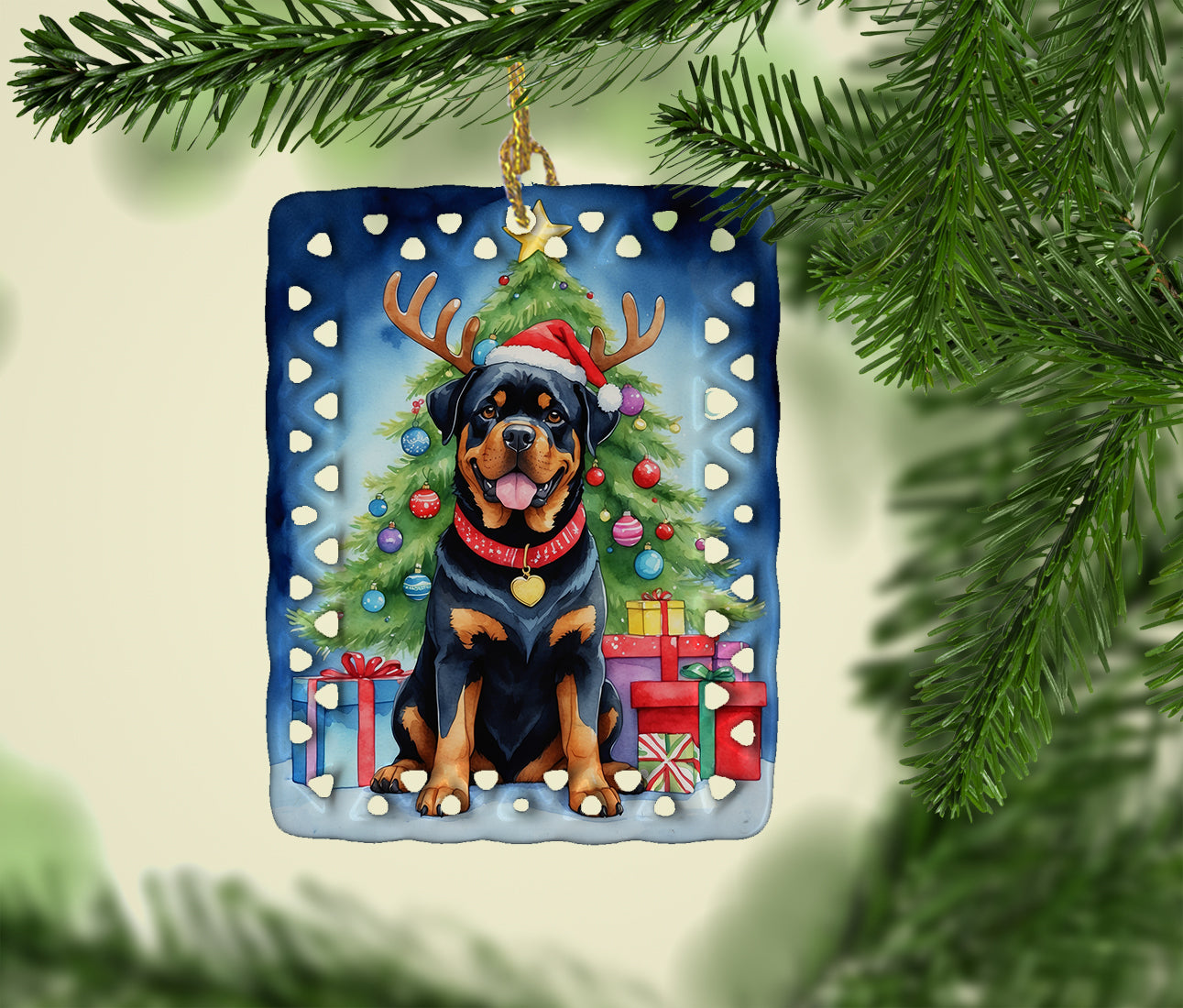 Rottweiler Christmas Reindeer Porcelain Ornament