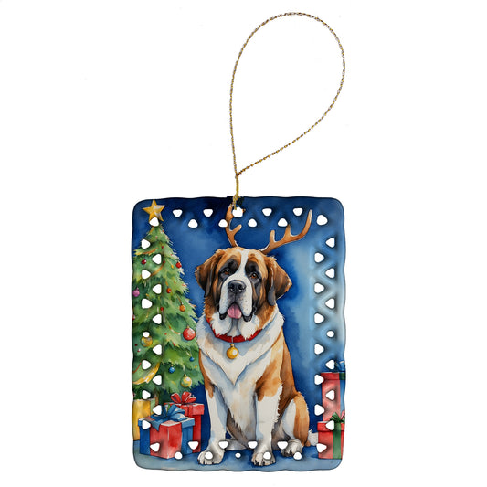 Buy this Saint Bernard Christmas Reindeer Porcelain Ornament