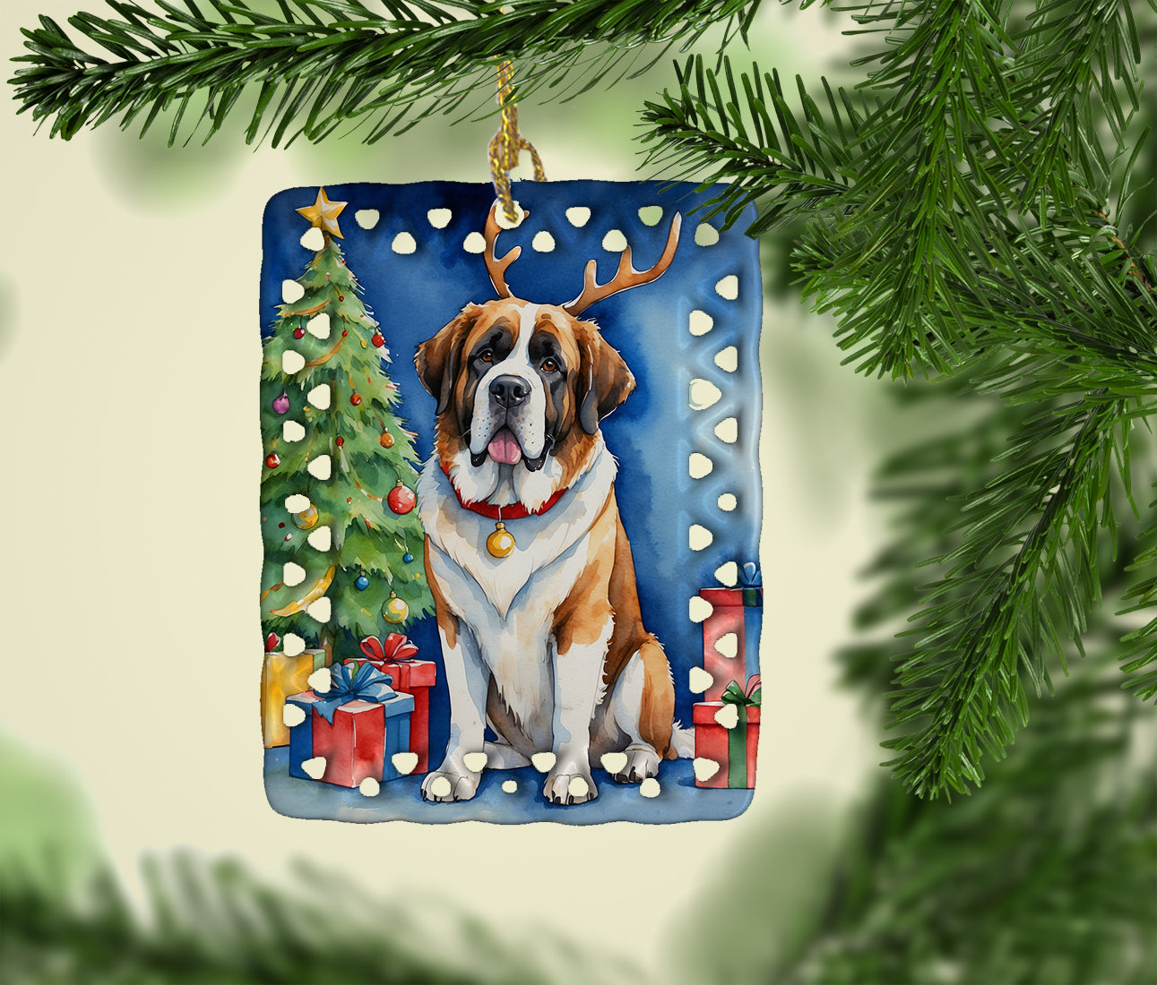 Saint Bernard Christmas Reindeer Porcelain Ornament