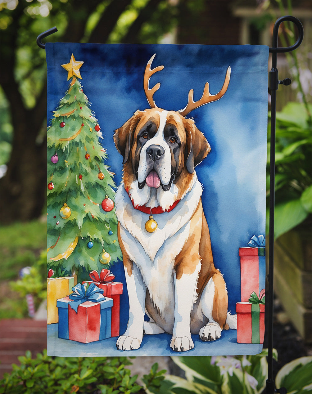 Saint Bernard Christmas Reindeer Garden Flag