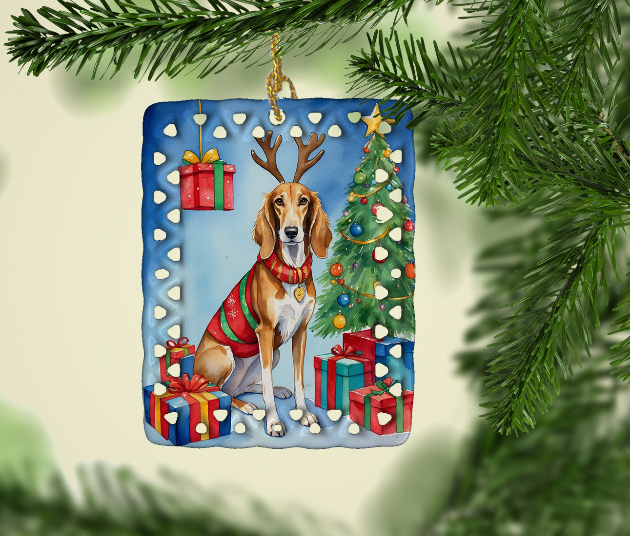 Saluki Christmas Reindeer Porcelain Ornament