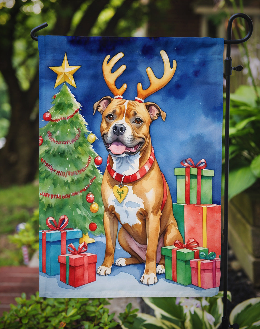 Staffordshire Bull Terrier Christmas Reindeer Garden Flag