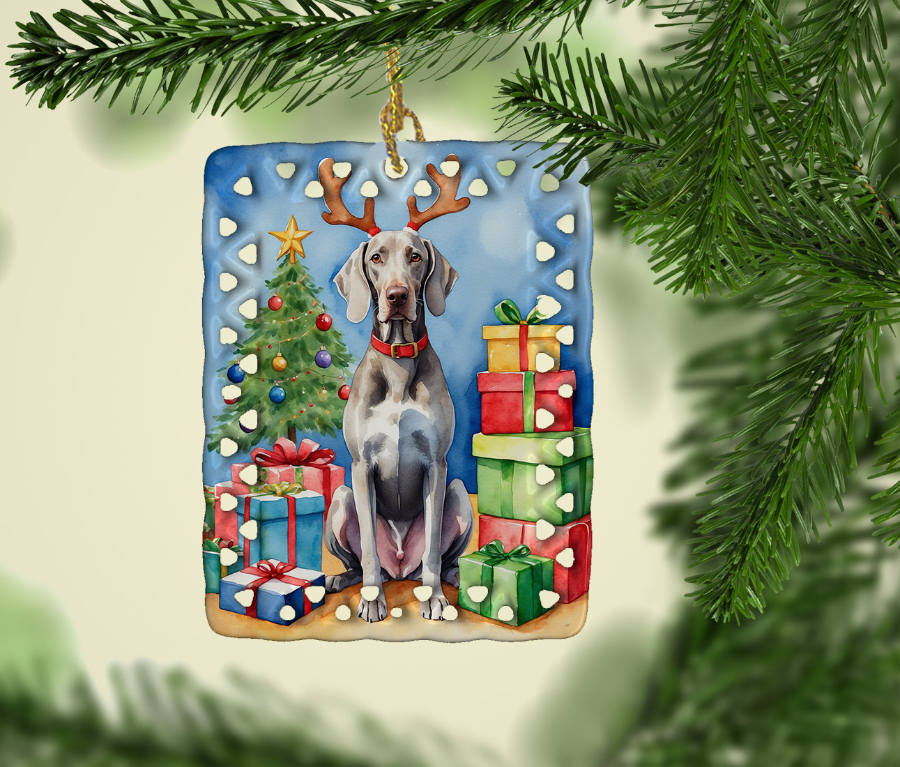 Weimaraner Christmas Reindeer Porcelain Ornament