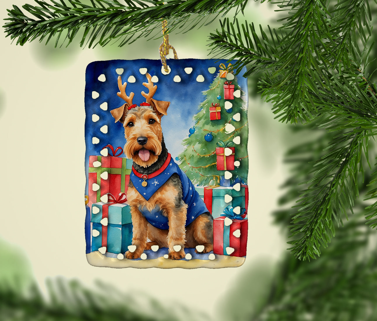 Welsh Terrier Christmas Reindeer Porcelain Ornament