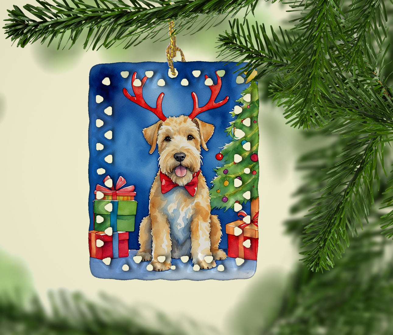 Wheaten Terrier Christmas Reindeer Porcelain Ornament