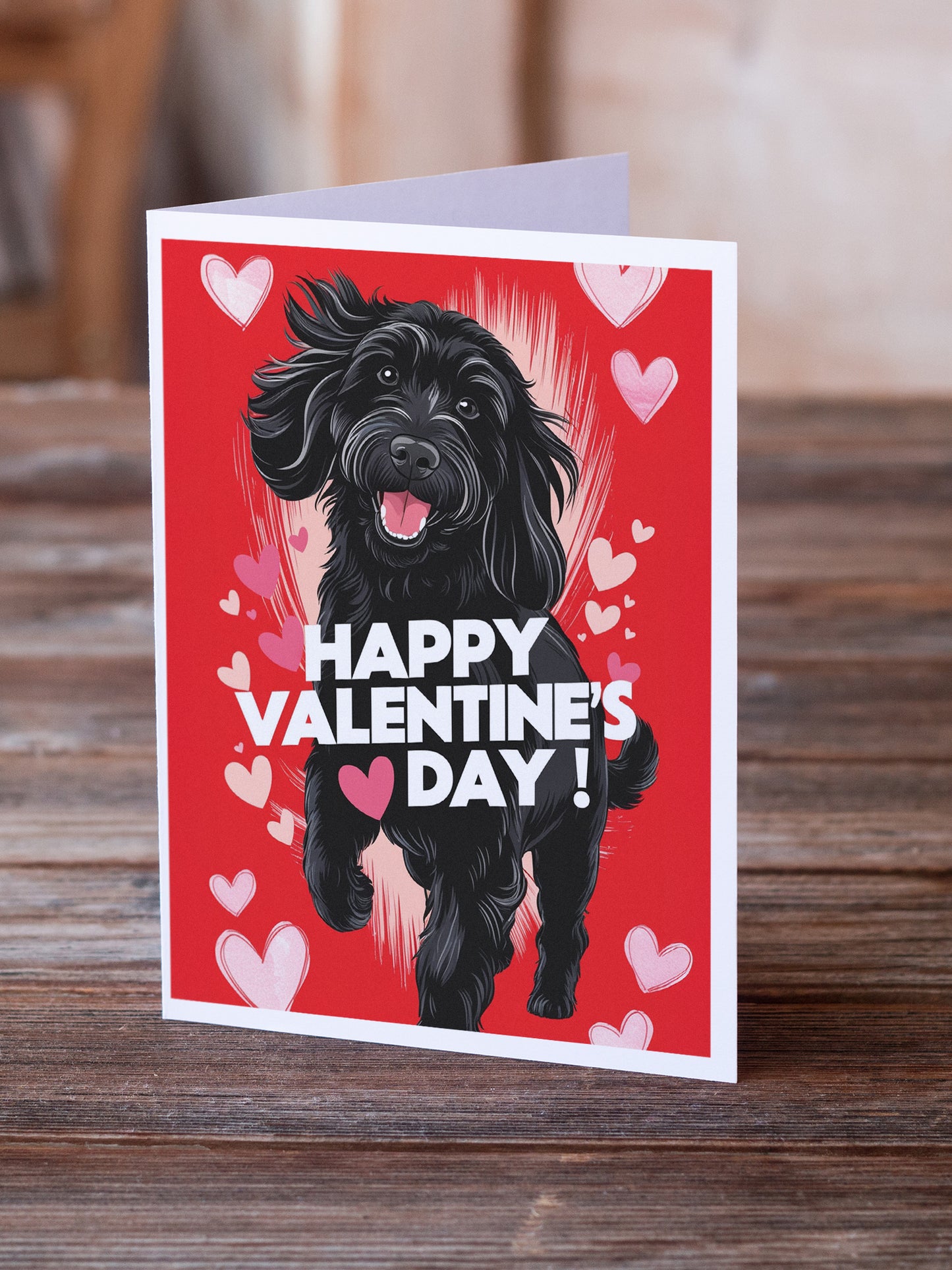 Black Labradoodle Happy Valentine's Day Greeting Cards Pack of 8