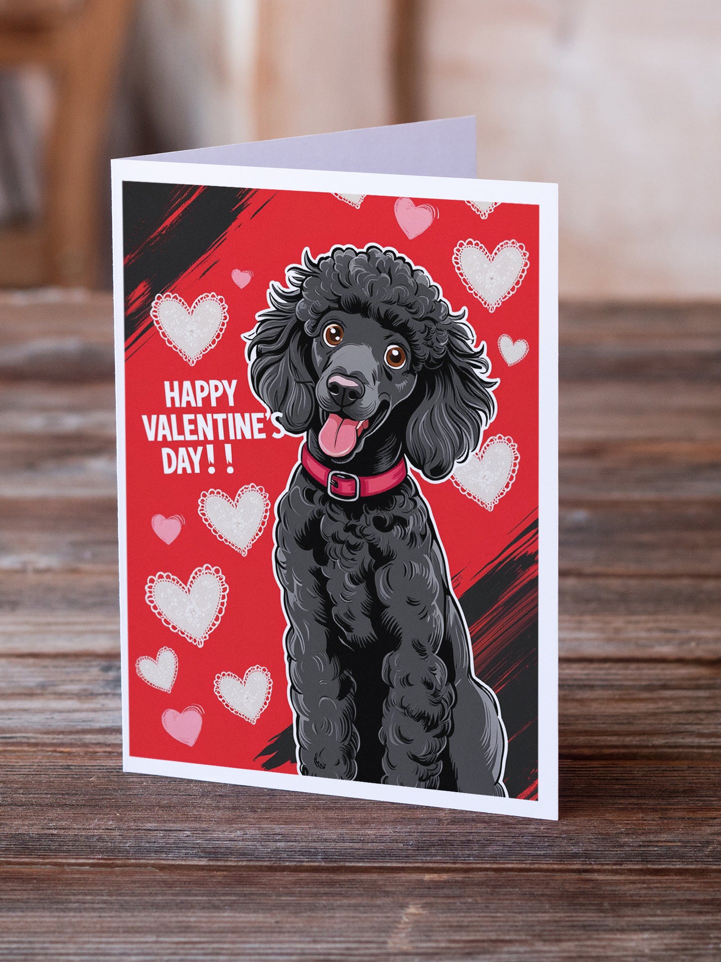 Black Standard Poodle Happy Valentine's Day Greeting Cards Pack of 8
