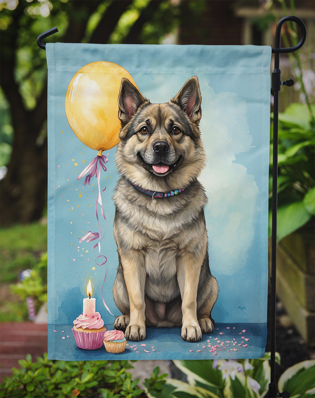 Norwegian Elkhound Happy Birthday Garden Flag