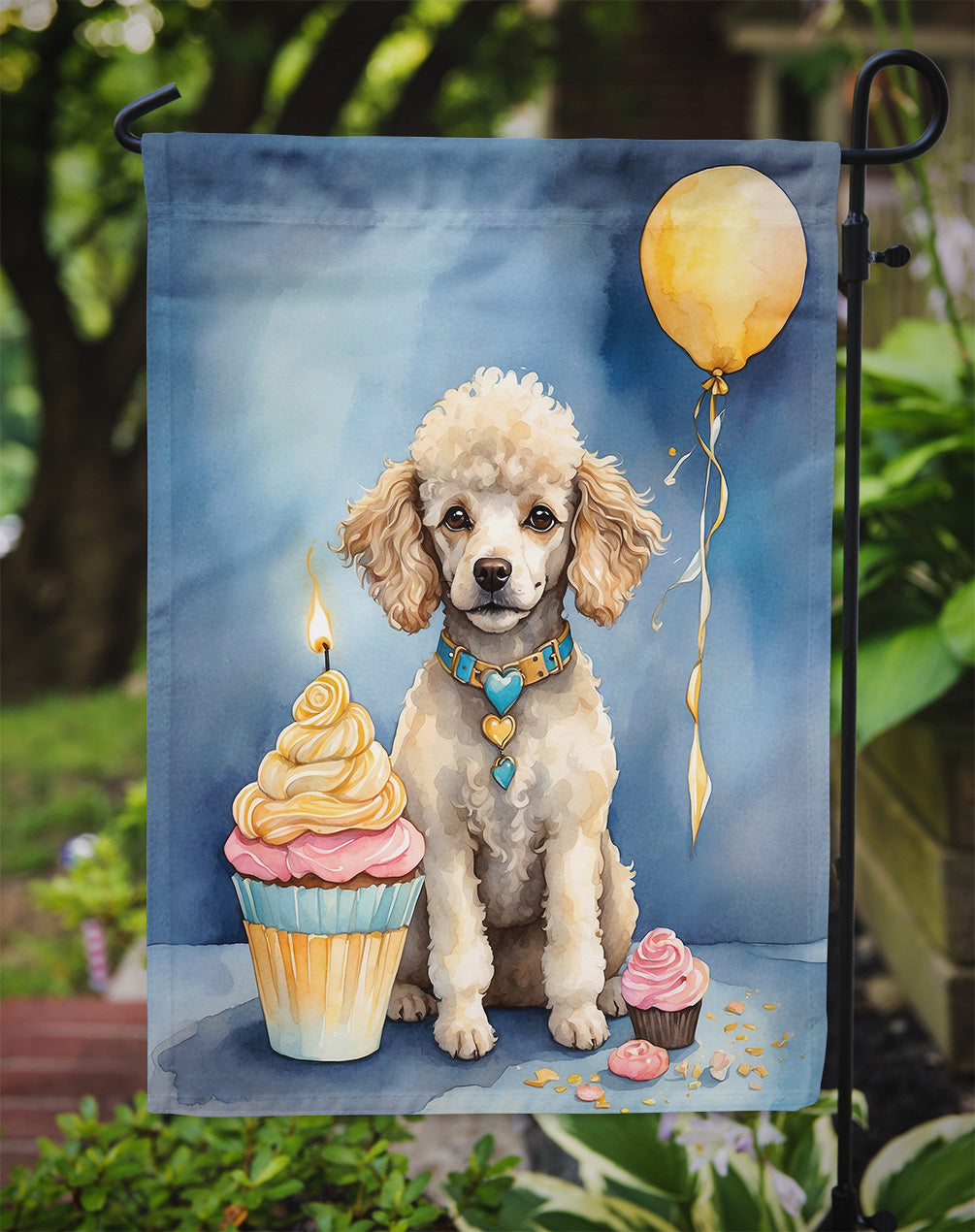 White Toy Poodle Happy Birthday Garden Flag
