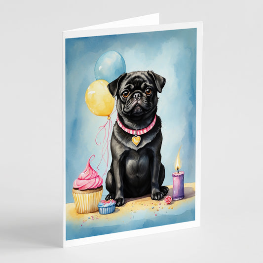 Buy this Black Pug Happy Birthday Greeting Cards Pack of 8