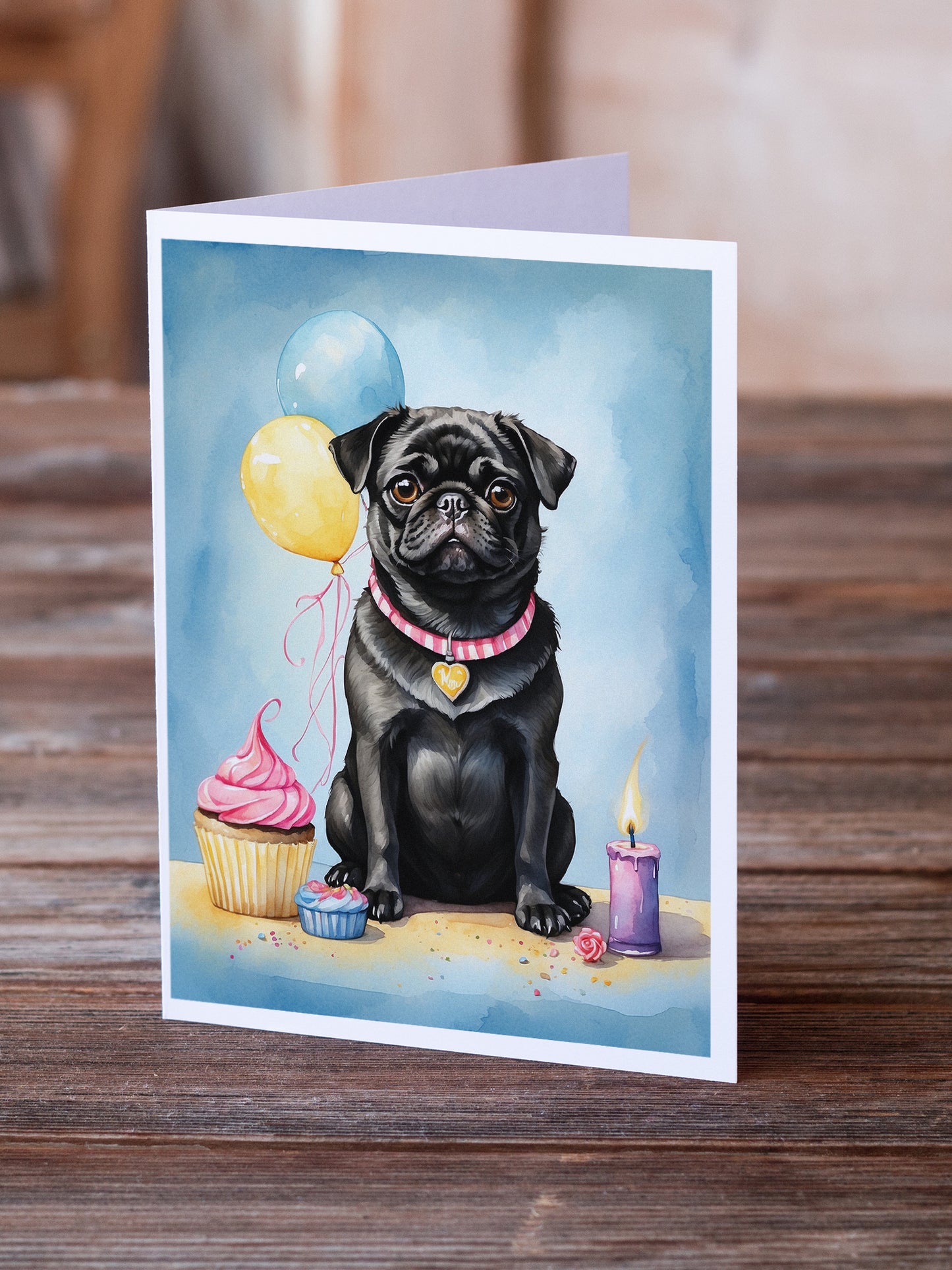 Black Pug Happy Birthday Greeting Cards Pack of 8