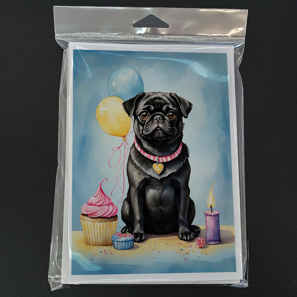 Black Pug Happy Birthday Greeting Cards Pack of 8