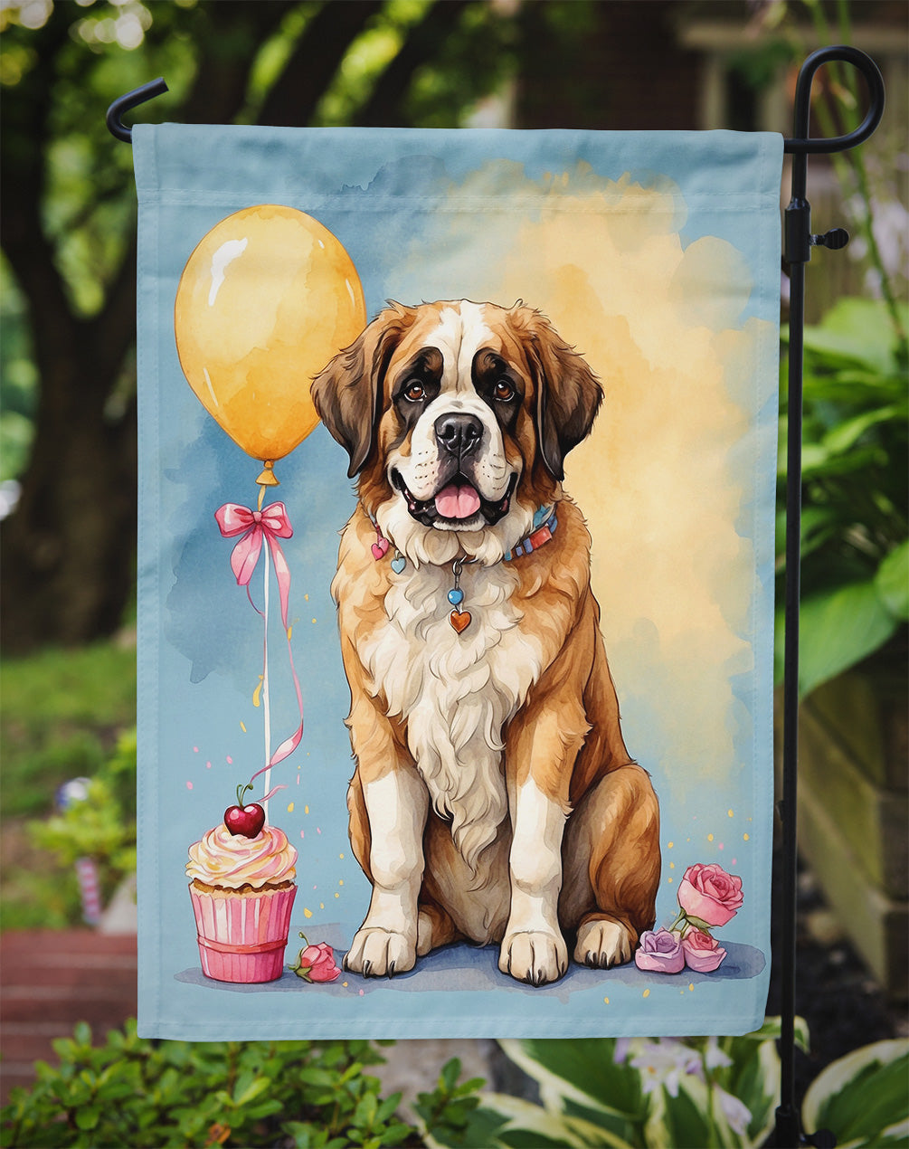 Saint Bernard Happy Birthday Garden Flag