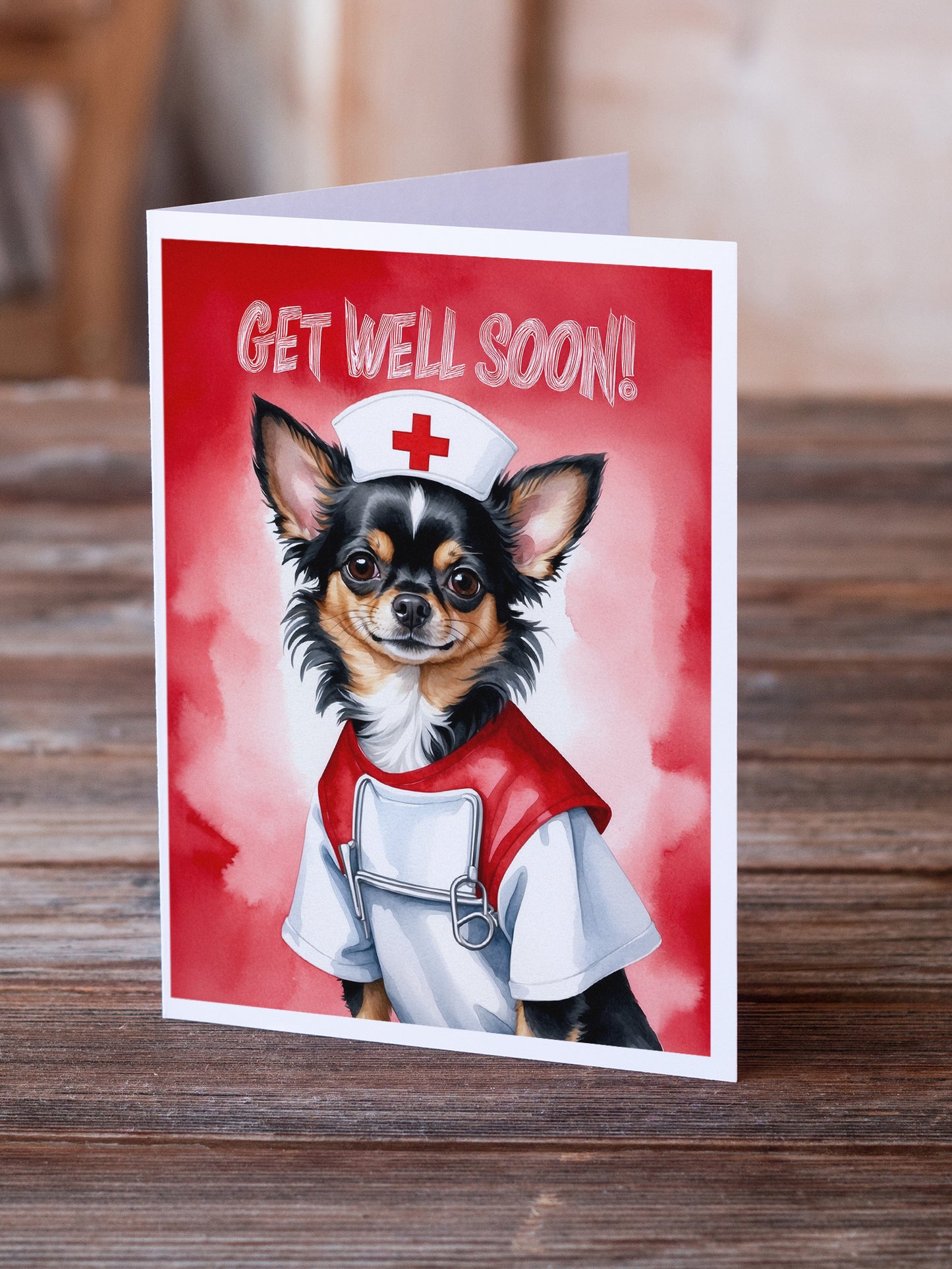 Black and Tan Longhair Chihuahua Get Well Soon Greeting Cards Pack of 8