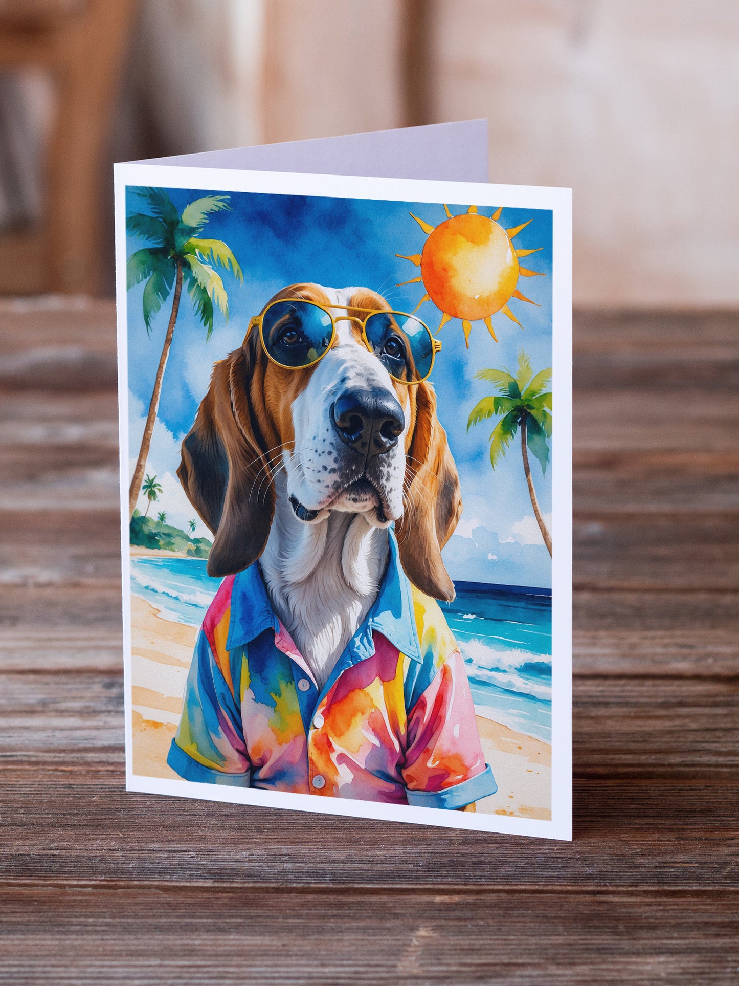 Basset Hound Summer Beach Time Greeting Cards Pack of 8