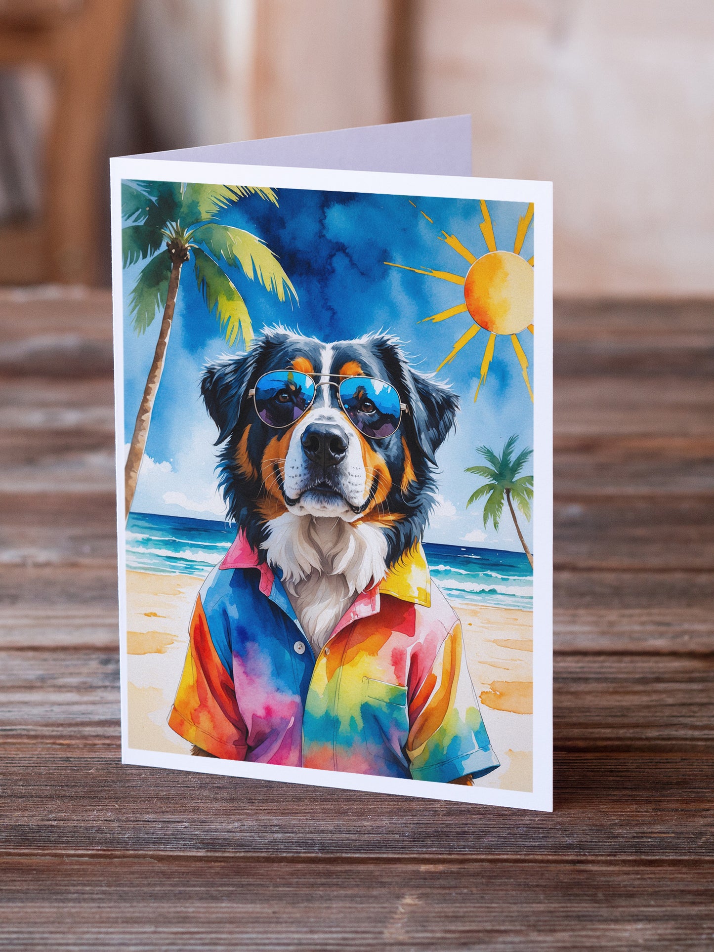 Bernese Mountain Dog Summer Beach Time Greeting Cards Pack of 8