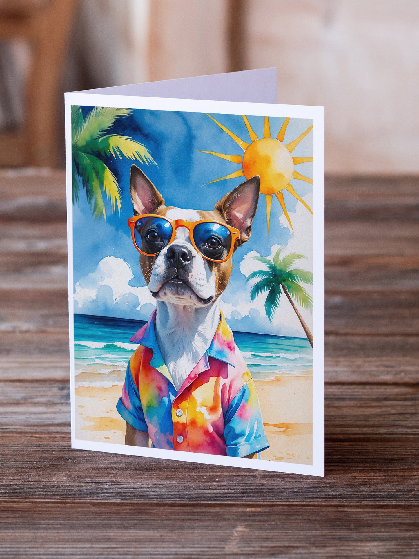 Red Boston Terrier Summer Beach Time Greeting Cards Pack of 8