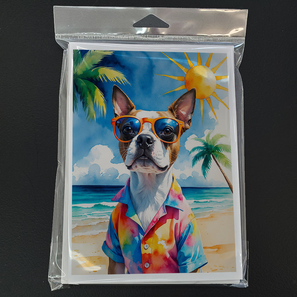 Red Boston Terrier Summer Beach Time Greeting Cards Pack of 8