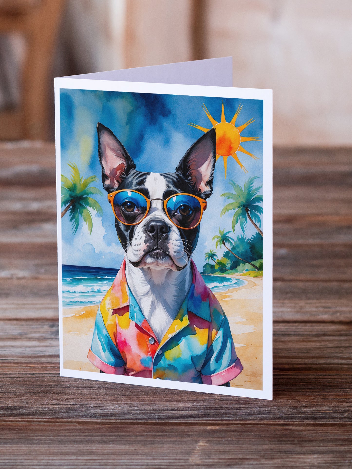 Boston Terrier Summer Beach Time Greeting Cards Pack of 8
